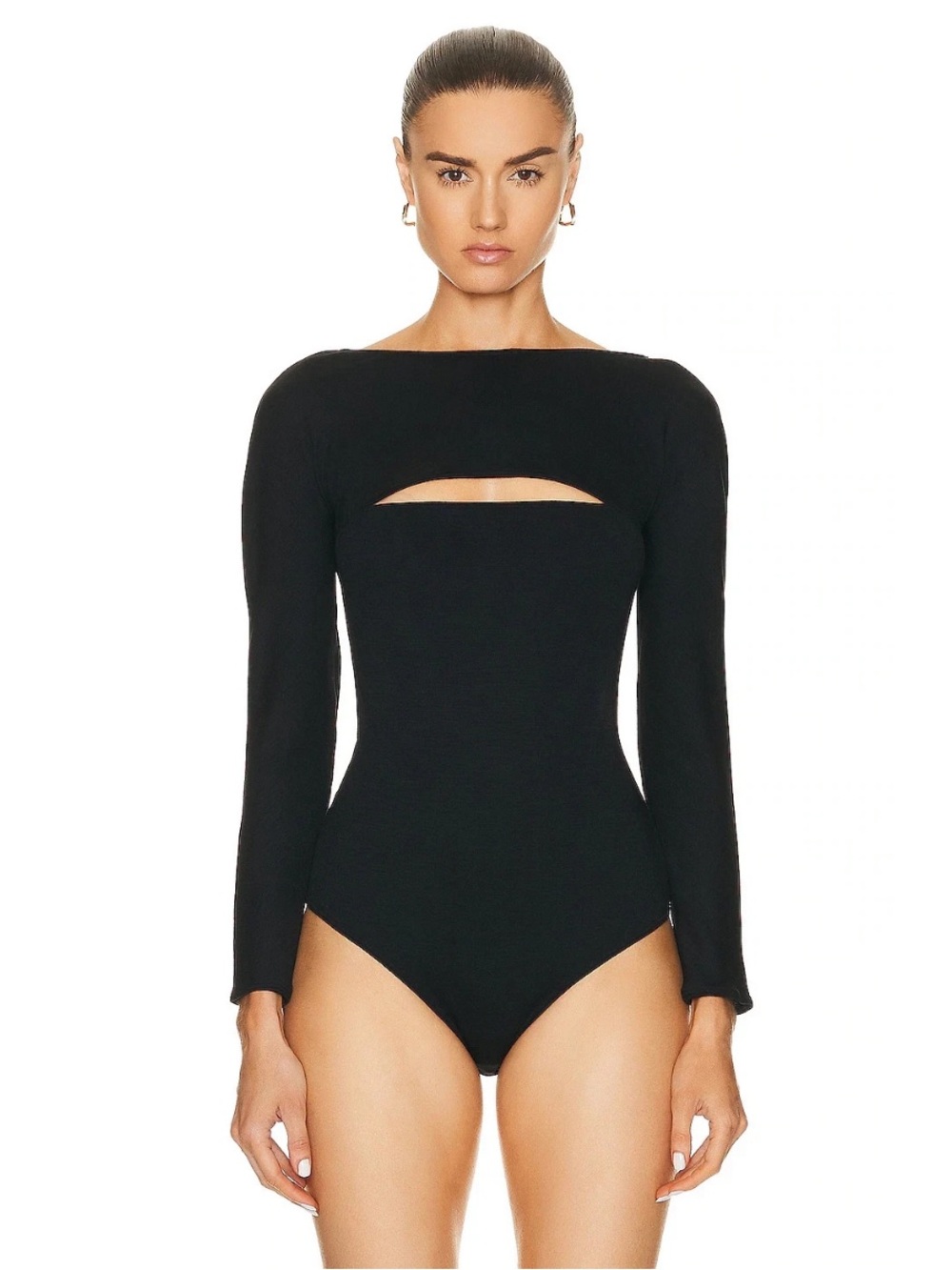 $560 Wolford Kimono Slit Bodysuit Cutout Long Sleeve Black 100% Virgin Wool XS
